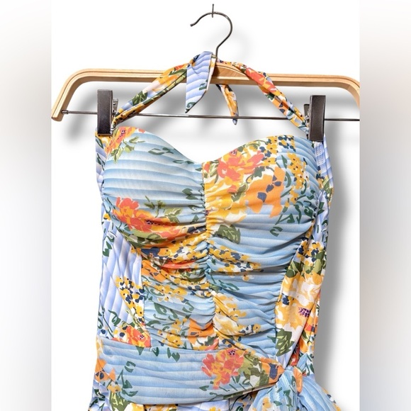 Jets by Jessika Allen Floral Halter Wrap Blue Orange One Piece Swimsuit Size 6 - Picture 2 of 7